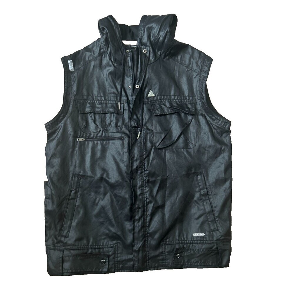 Men's Y2K Rocawear Black Lightweight Nylon Hooded Vest Size XL